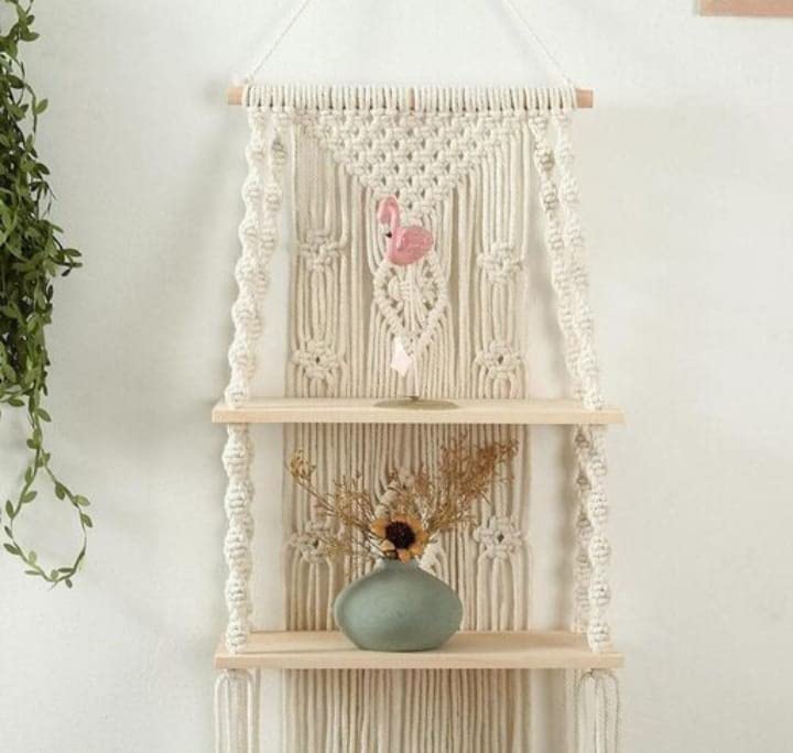 Image of Aain Macrame Wall Hanging Shelf Balcony Hangers |118| Pine Wooden Plank Bohemian Style Hand Cotton Cord with Set of 2 Shelves for Flower Plants |Living Room | Bathroom Beige, L 75 x 30 W