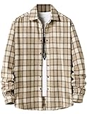 Locachy Men's Casual Cotton Plaid Shirts Long Sleeve Button-Down Flannel Overshirt Jacket, Light Khaki Plaid, X-Large