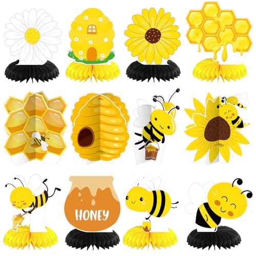Image of 12 Pcs Honey Bee Party Decoration Baby Shower Gender Reveal Centerpiece Honeycomb Beehive Centerpieces Wedding Table Decoration for Bee Day Themed Birthday Party Supplies