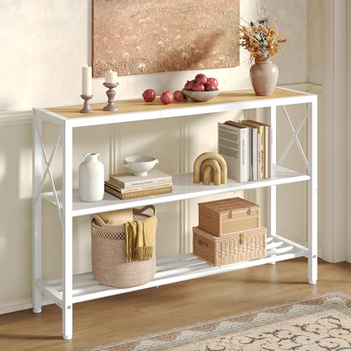 Image of Hoctieon Industrial Console Table, 3 Tier Entryway Tables, Hallway Desk, Narrow Sofa Tables with Shelves, Entrance Table for Entryway, Living Room, Foyer, Hallway, Office, Oak Beige