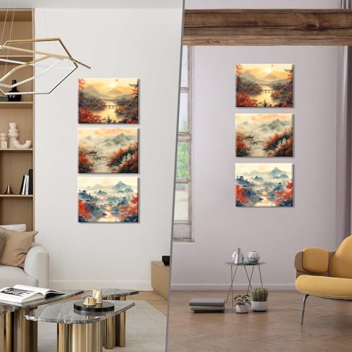 PIY PAINTING 3枚自然の風景 キャンバスプリント、アートパネル、山の雲のキャンバスの壁アート、ウォールアート、日の出の壁の装飾の絵画、赤いカエデート 絵画、背景の壁画、装飾 リビングルーム オフィス ミーティングルーム 玄関 廊下 書斎、30x40cm (90x40 cm) 内蔵木枠付き完成品 [3]