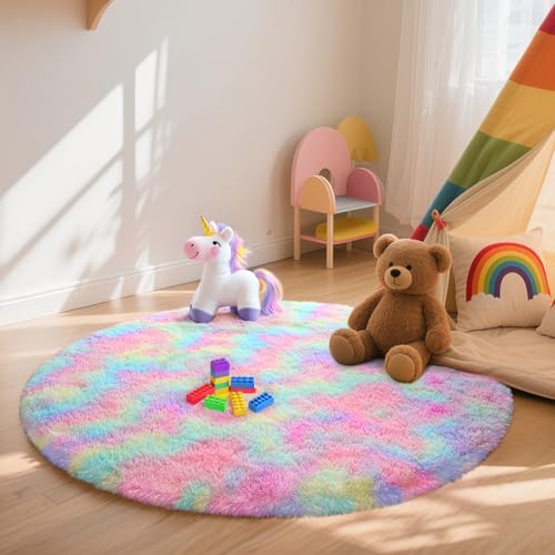 Rainbow Round Rug for Bedroom, 5Ft Fluffy Circle Area Rugs for Living Room, Shag Fuzzy Carpet for Kids Room, Nursery, Dorm, Classroom, Teen, Cute Baby Play Mat Home Decor Aesthetic
