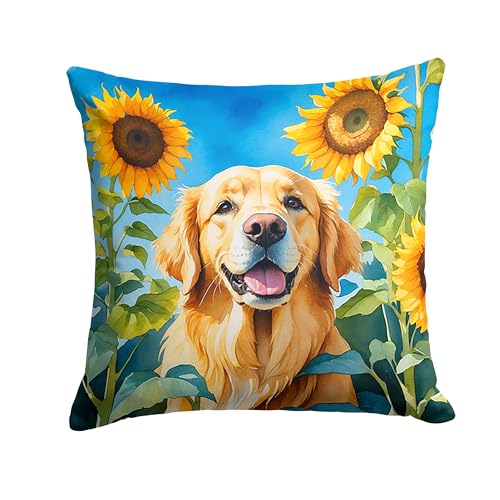 Caroline's Treasures in Sunflowers Throw Pillow, 14Hx14W, Golden Retriever 6088