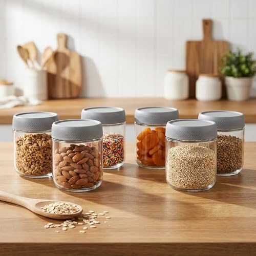 Image of Rioware Storage Glass Jar, Set of 6, 350 ml Each, Transparent, BPA Free, Storage Jar, Kitchen Organizer Modular, Multipurpose Cookies Jar, Grey