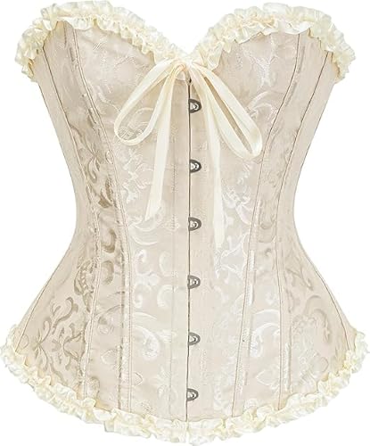 Grewoo Women's Beige Bustier Corset Top for Women Full Breast Corset Lace-Up Corset Waist Shaper Lingerie (Large)