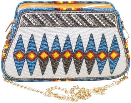 Handmade Fully Beaded Shoulder Bag | Women’s Crossbody Purse | Native American Style Tote with Geometric Diamond Pattern, White & Blue, Gold Chain