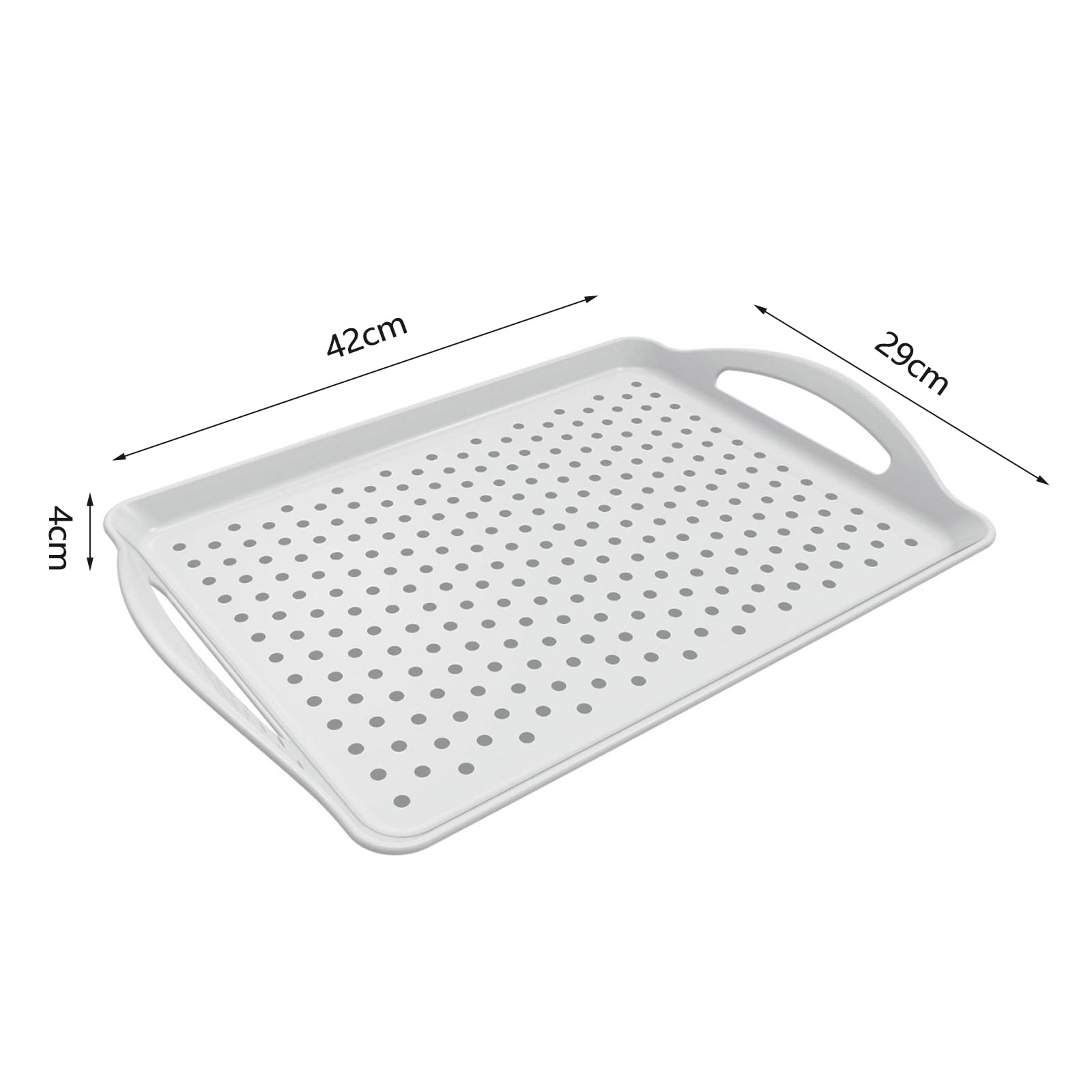 Vassoi da portata con manici, vassoi rettangolari in plastica antiscivolo, per cibo/bevande/tè (bianco, 42 x 29 cm)