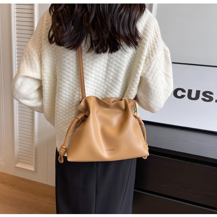 Image of Ladies' fashionable minimalist bag, drawstring bucket bag, single shoulder crossbody bag, pleated bag