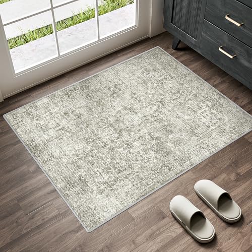2x3 Entryway Area Rug Vintage Neutral Washable Small Carpet Indoor Non Slip Taupe Kitchen Entrance Mat Low Pile Retro Accent Distressed Throw Rug for Bathroom Bedroom Dining Living Room