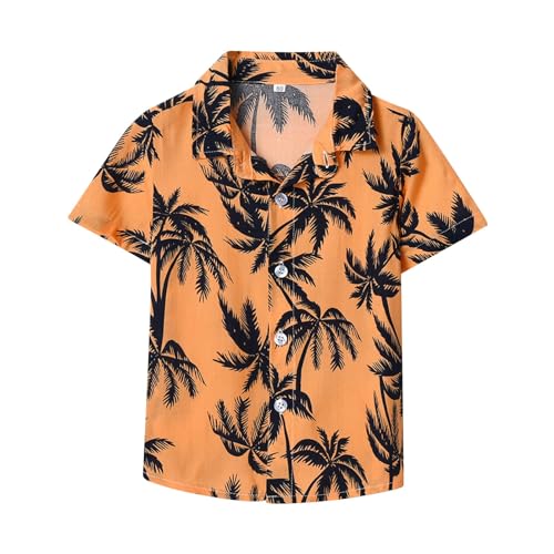 Mjjsk Camisa hawaiana de manga corta con botones para niños, diseño de árbol de coco tropical, camisas divertidas, floral, playa, vacaciones, verano, A24, naranja, 6 años
