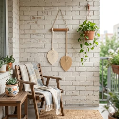 Image of AdFashionble Boho Macrame Wall Hanging Leaf Decor for Home, Living Room & Bedroom | Cotton Thread Art with Wooden Rod | Minimalist Handmade Wall Decoration | Aesthetic Nordic Wall Art for Home, Office & Gift Purpose Lenght- 58 cm Width- 15 cm (LIGHT BROWN & OFFWHITE)
