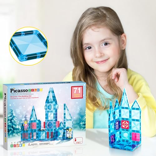 Image of PicassoTiles 71pc Mini Diamond Series Winter Ice Theme Magnetic Tile Building Blocks 2 Character Action Figures Travel Size On-the-Go Magnet Construction Toy Set STEM Development Kit Ages 3+ PTM71