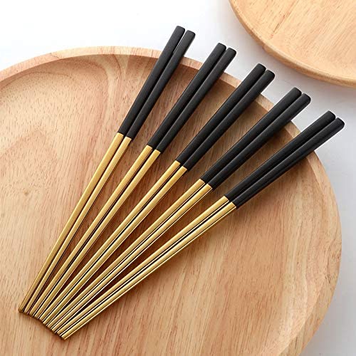 Baguettes, Baguettes Chinoises Chopsticks Reusable 5 Pairs Chopsticks Stainless Steel Titanize Chinese Gold chopsitcks Set Black Metal Chop Sticks Set Used for Sushi Dinnerware,B(A)