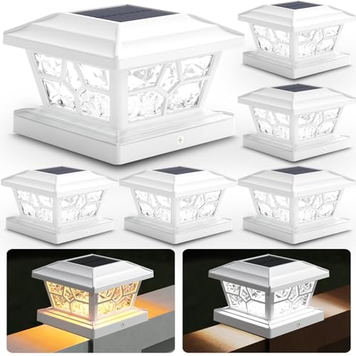 SIEDiNLAR Solar Post Lights Outdoor 6 Pack 4 Modes 40 LEDs Deck Fence Post Cap Light for 4x4 5x5 6x6 Vinyl/Wooden Posts Patio Decor Warm/White Dynamic Lighting (White)