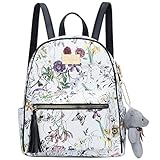 KKXIU Girls Small Backpack Purse Synthetic Leather Quilted Mini Daypack For Women Fashion Teen Bookbag With Tassel (White Flower)