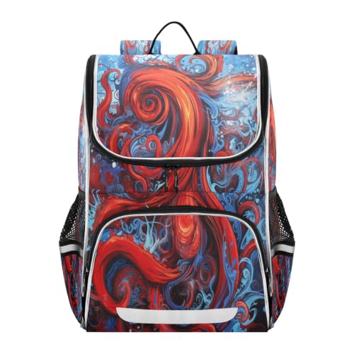 Sac à dos scolaire grande capacité pieuvre rouge pour filles et garçons