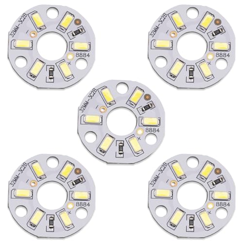 LEDGUHON 5Pcs 3W White COB LED Chip Bulb, 6-LED 5730 SMD High Power Super Bright Chip with 32mm PCB Aluminum Plate Heat Sink Base for Spotlight Floodlight Downlights Replacement (White, 9-10V, 120mA)
