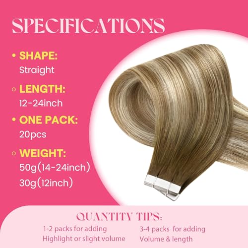 Image of Ve Sunny Hair Tape in Hair Extensions Brown with Blonde | Smooth Soft Tape Hair,Easy to Maintain,16Inch 50g 20Pcs,for Daily Wear