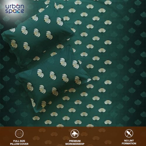 Image of Urban Space Serene 300TC 100% Cotton Bedsheet for Double Bed, Panel Design Bedsheet, Printed Queen Size Bed Sheet with 2 Pillow Covers (90 x 100 Inches, Midnight Lotus Deep Jade Green)