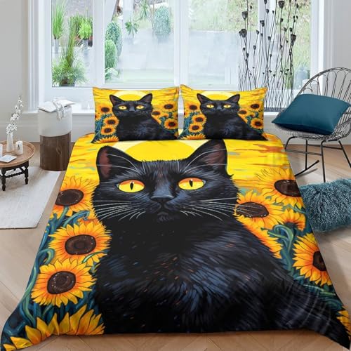 Parure de lit chat noir 200x200 avec housse de couette microfibre pour lit double