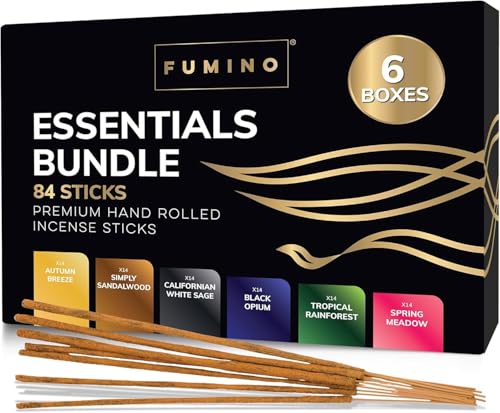 Fumino Incienso Esencial – Lote 6 Cajas con 84 Varillas Masala Agarbatti Naturales para Relajación y Meditación (90 g)