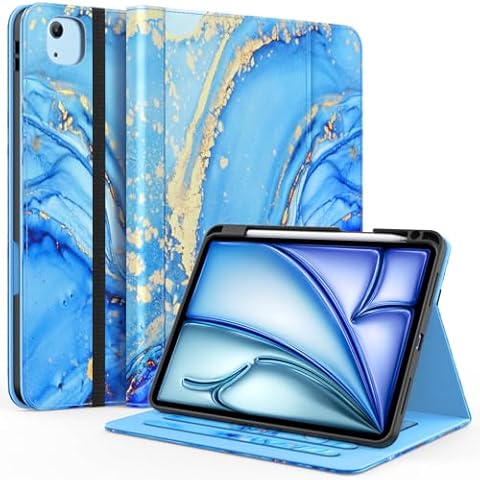 ZoneFoker Case for iPad Air 11-inch M2 (2024), iPad Air 5th/4th Generation 10.9'' (2022/2020), iPad Pro 11 (4th/3rd/2nd/1st Gen), Multi-Angle Stand Leather Cover with Pencil Holder&Pocket, Marble Blue Cover
