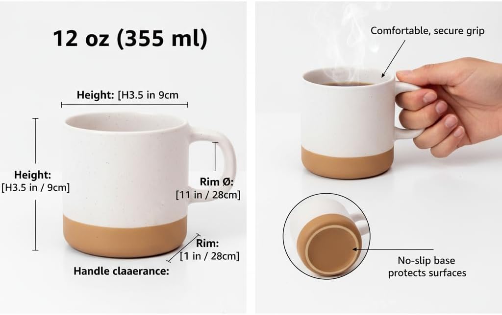 Unboxme Givenne Ceramic Latte Coffee Mug Set, 12 oz (Set of 4) – Microwave & Dishwasher Safe, Large Handles, Modern Boho Neutral Colors