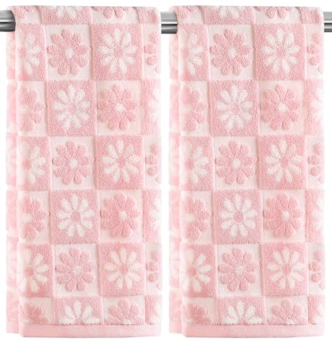 Quera Hand Towels Pink Daisy Checkered Cute for Bathroom Bath Kitchen