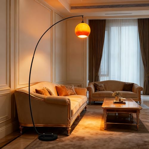 KlkrzJwy Modern Orange Glass Floor Lamp Arc 70.9 Floor Light Globe Glass Standing Lamp with E26 Dimmable Curved Tall Light for Living Room Bedroom Study Dining Room