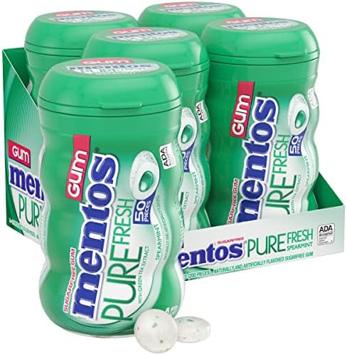 Mentos Pure Fresh Sugar-Free Chewing Gum with Xylitol, Spearmint, 50 Piece Bottle (Bulk Pack of 4)