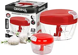 KIT Dois Processador de Alimentos Manual (500ml e 170ml) Ideal para triturar alho, cebola, verduras e frutas Sistema de lâminas triplas em aço inox (Vermelho)