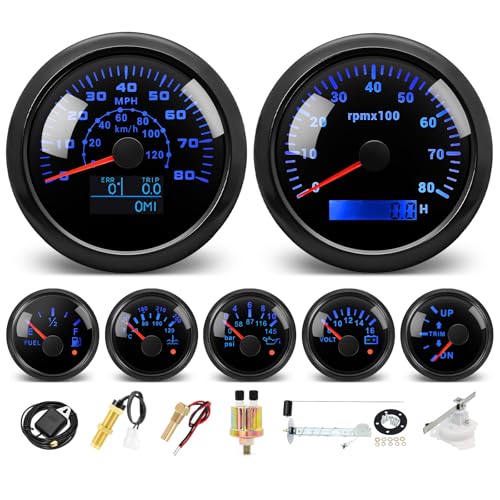 MH 7 Boat Gauge Set - 3-3/8 GPS Speedometer Tachometer 2-1/16 Oil Pressure Gauge Fuel Level Water Temperature Voltmeter Trim Marine Meter Kit Waterproof 7 Color for AUTO (Black)