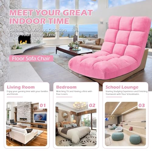 Image of Folding Floor Gaming Chair 14-Poistion Cushioned Adjustable Floor Lazy Sofa Chair w /Breathable Cotton & Skin-Friendly Coral Velve for Adults & Kids Perfect for Reading Gaming Meditating, Pink