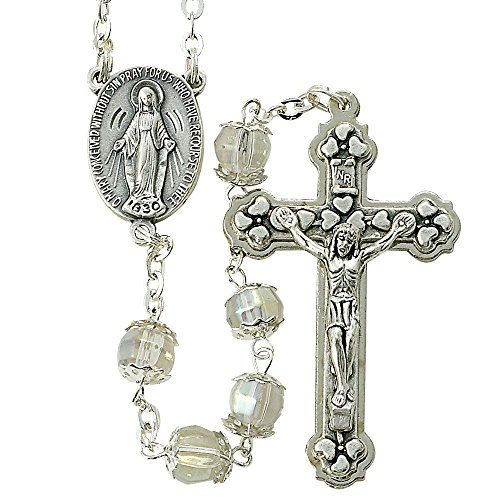 True Faith Jewelry Glass Rosary Prayer Beads Necklace Our Lady Of Grace Miraculous Medal with Jesus Crucifix Cross, 35-Inch