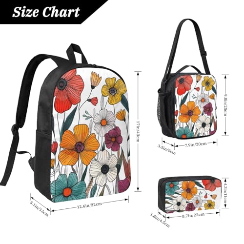 Bold Outline Doodle Floral Backpacks 3 Pcs Multifunction High capacity Travel Backpack with Fun Graphic Cartoon Print for Daily Commute2