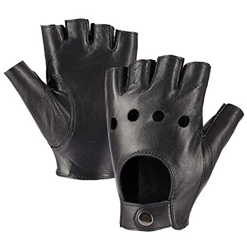 Image of Womens Fingerless Leather Driving Gloves Soft Sheepskin Half Finger Cycling Motorcycle Gloves Unlined