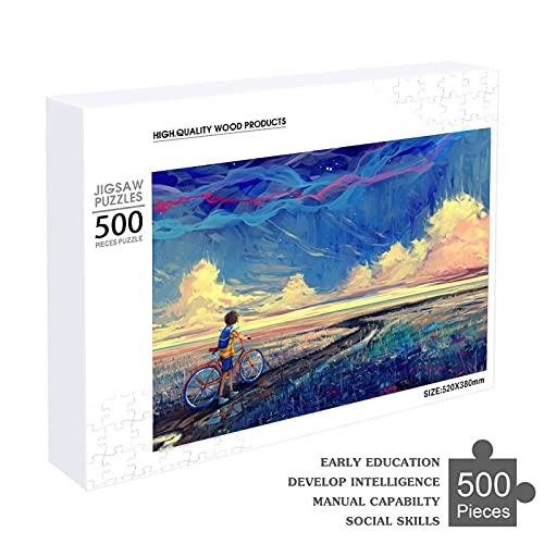 Houten puzzel 500 PCS voor volwassenen en kinderen, jongen op fiets abstracte anime landschap moeilijke uitdaging… - Image 5