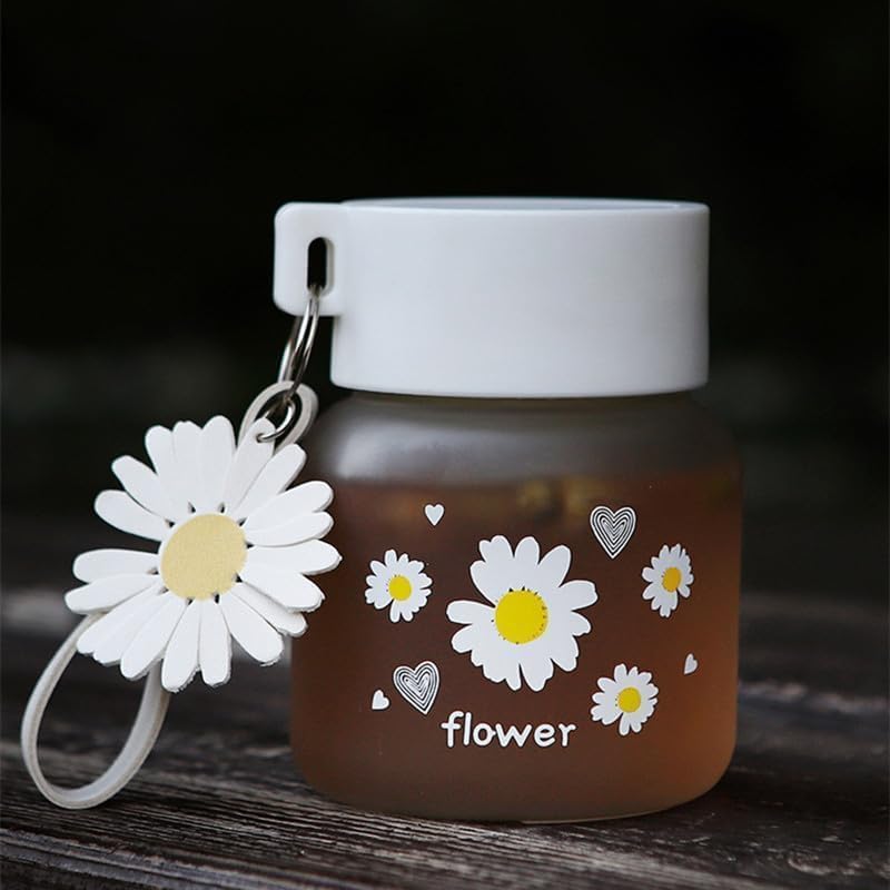 Image of Glassbunny Frosted Glass Water Bottle with Lid and Portable Rope, 300 ML Drinking Glass Coffee Mug Juice Jar Flower Printed Tea Cup for Office, Summer, Home, Outdoor