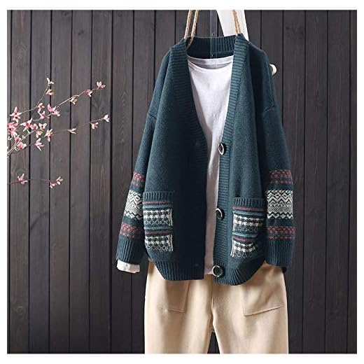Kvinnor långärmad Baggy Sweater hösten och vintern lös vilda stickmönster retro litterära V-ringad långärmad stickad kofta SYXMSM (Color : Green, Size : One Size)