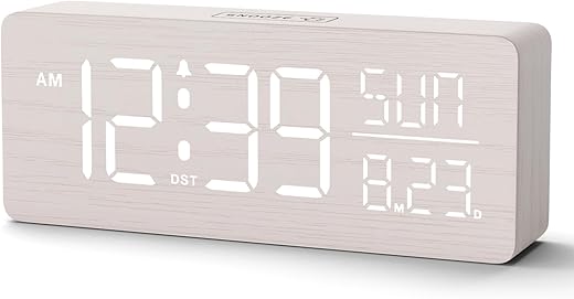 Peakeep Wooden Digital Alarm Clock Large Display, Textured Desk Table Decoration for Bedroom Living Room, Plug in Clock with Time Date Day, 5 Brightness, Auto DST