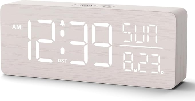 Peakeep Wooden Digital Alarm Clock Large Display, Textured Desk Table Decoration for Bedroom Living Room, Plug in Clock with Time Date Day, 5 Brightness, Auto DST