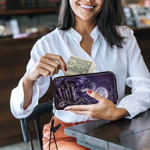Image of Women's Wallets Credit Card Holder Money Leather Long Wallet | Long wallet with Wristlet,Large Capacity with Zip-Around Phone Purse for Women Ladies Girls,Purple Dragon Moon