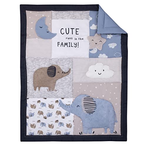 Carter's Blue Elephant - Chambray, Navy, Gray And White Elephant, Moon, Clouds And Stars 3 Piece Nursery Crib Bedding Set - Comforter, Fitted Crib Sheet And Crib Skirt #TOP1