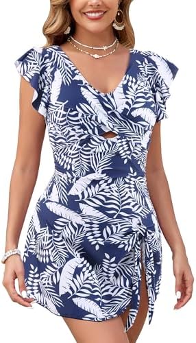Women's One Piece Swimdress Swimsuit Tummy Control Ruffle Swim Dress Skirt Criss Cross Tie Back Bathing Suit