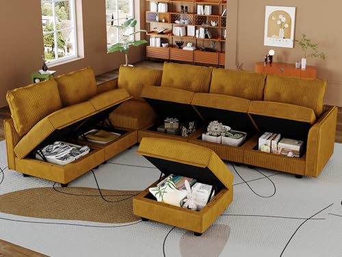 Image of LLappuil Modular Sectional Sofa with Storage, L-Shaped 7-Seat Corduroy Couch with 6 Throw Pillows, Pet-Friendly Convertible Sofa for Living Room & Apartment, Skin-Friendly, Yellow