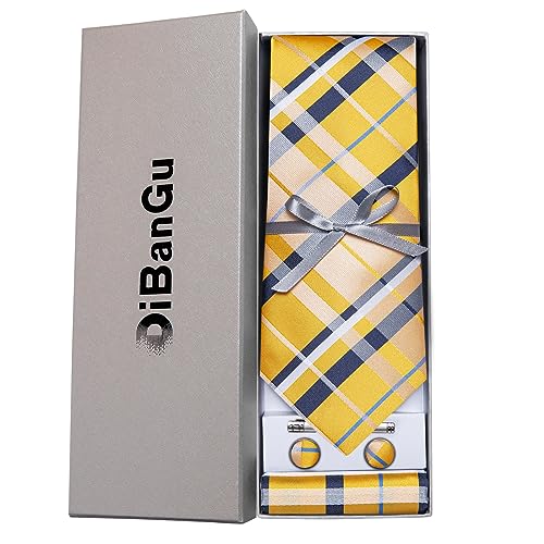 Image of DiBanGu Plaid Ties for Men Silk Checkered Necktie and Pocket Square Cufflinks Tie Clip Set with Gift Box for Wedding Business