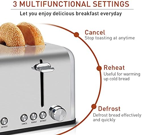 Toaster 4 Slices, Cusimax Stainless Steel Toaster with 4 Extra-Wide Bread Slots and 6 Variable Browning Shade Controls, Featuring with Defrost, Reheat and Cancel Settings, Removable Crumb Tray