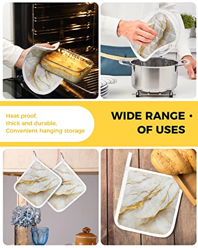White Marble Stone Cracks Gold Stripe Kitchen Potholder Heat-Proof Pot Holders Wild Natural Abstract Granite Washable Potholders Hot Pad For Cooking Baking Bbq, Set Of 2 #TOP4