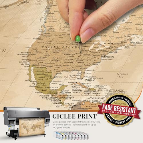 Image of DECORARTS - Personalized World Travel Map with Pins, Custom Name, Pin Board Canvas Wall Art, Antique Vintage Old World Decor, Optional Wood Frame, Giclee Print, Handcrafted in USA, 20x16''