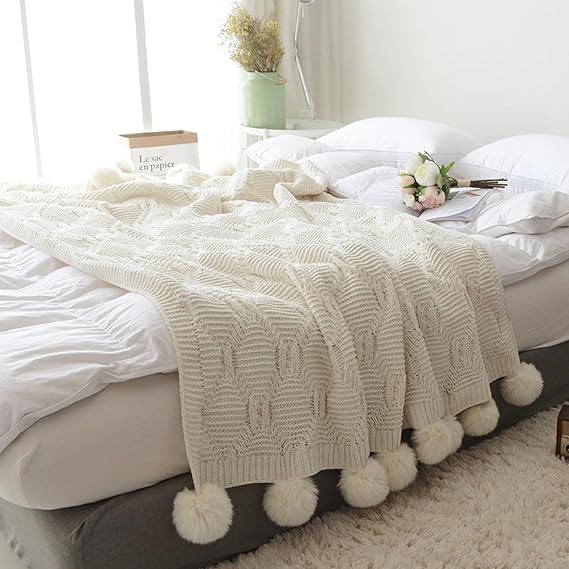 White Chenille Knitted Throw Blanket Geometric Textured Weaving Chunky Blanket with 16pcs Pompoms Ultra Soft Warm Pom Blanket Gift for Sofa Bed Couch Home Decor 50x 60 in (Pure White, 50x60 in) - Image 5
